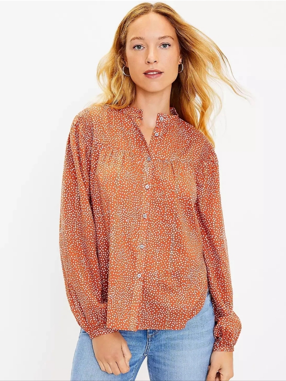 Loft Orange Shimmer Stripe Dotted Blouse Gold Metallic Button Front M Fall